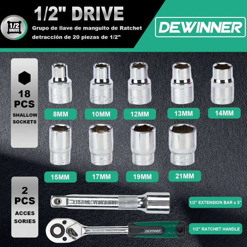 Juego De Dados Y Matraca De 1/2" 12 PZ Dewinner DW-BSTZ