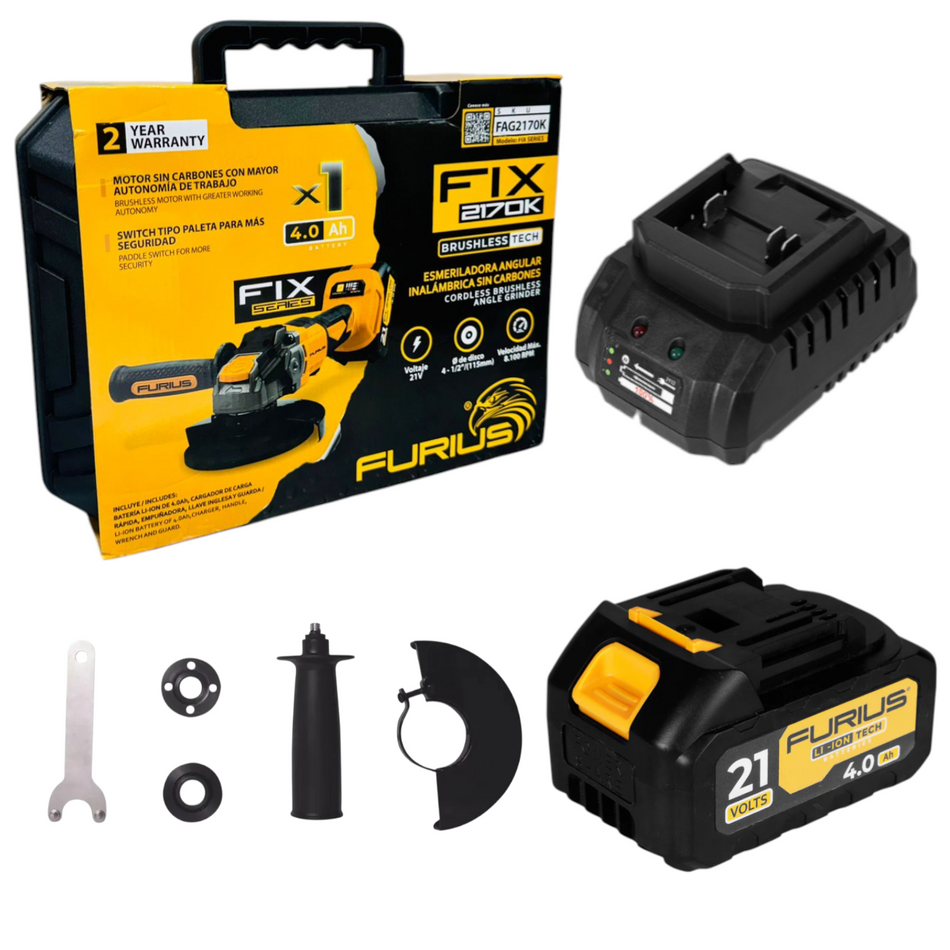 Esmeriladora Angular Inalambrica 4-1/2" 21V Brushless Furius FAG2170K