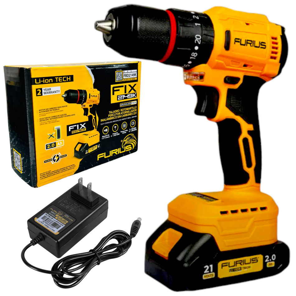 Taladro Rotomartillo Inalambrico Furius 1/2" 21V 45Nm Brushless FBD2149K