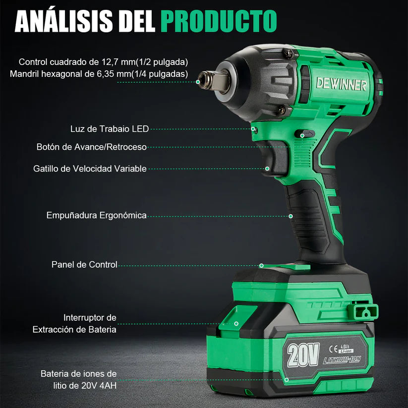 Llave De Impacto Inalambrica de 1/2" Brushless 320Nm Dewinner DW-3722