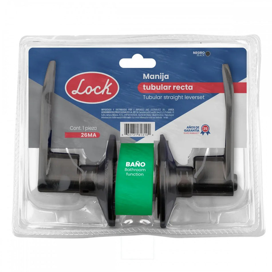 Cerradura Chapa De Manija Tubular Recta Para Baño Negra Lock 26MA
