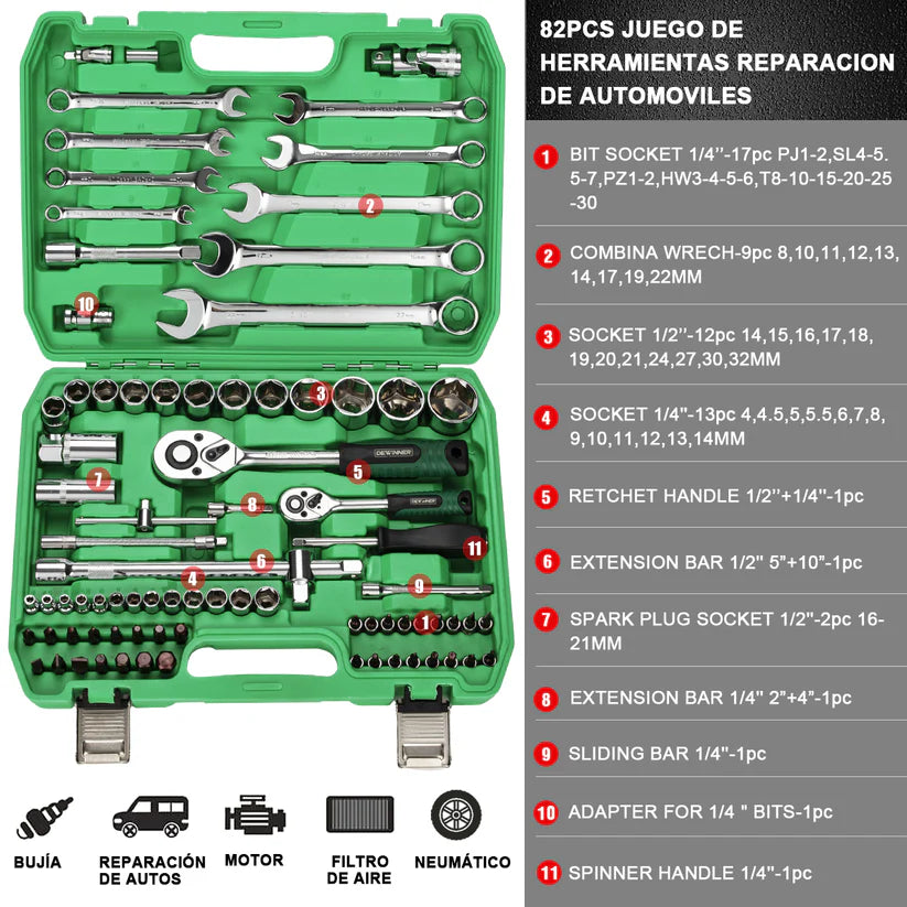 Juego de herramientas Autocle Mando 1/4"-1/2" 82 piezas Dewinner DW-82JT