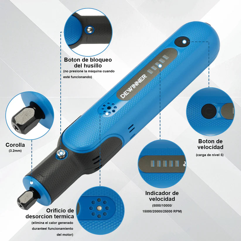Mini Rectificador Mototool Inalambrico 1/8" 3.2MM 51 Accesorios Dewinner DW-2115