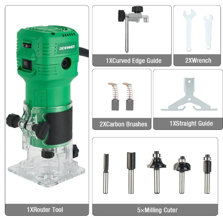 Router Rebajadora Para Madera 1/4" 650w V.v + 5 Brocas Dewinner DW-3709
