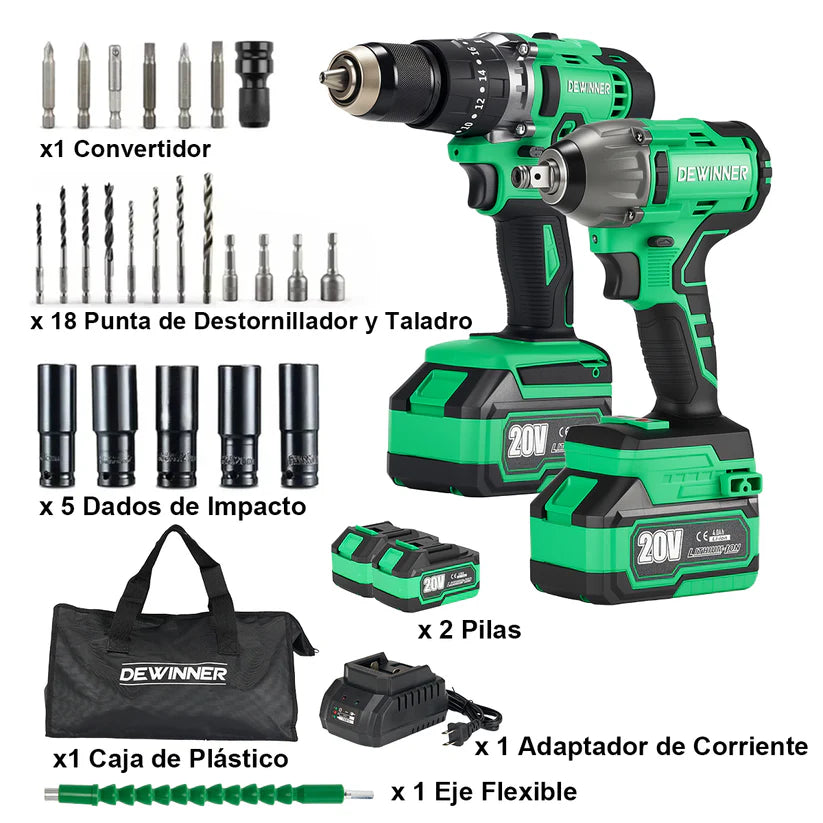 Kit Taladro Rotomartillo Inalámbrico 1/2 Pulg 20v Brushless + Llave Impacto Inalámbrica 1/2" Brushless Dewinner 20v ATS-916-3722