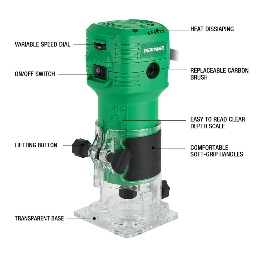 Router Rebajadora Para Madera 1/4" 650w V.v + 5 Brocas Dewinner DW-1026