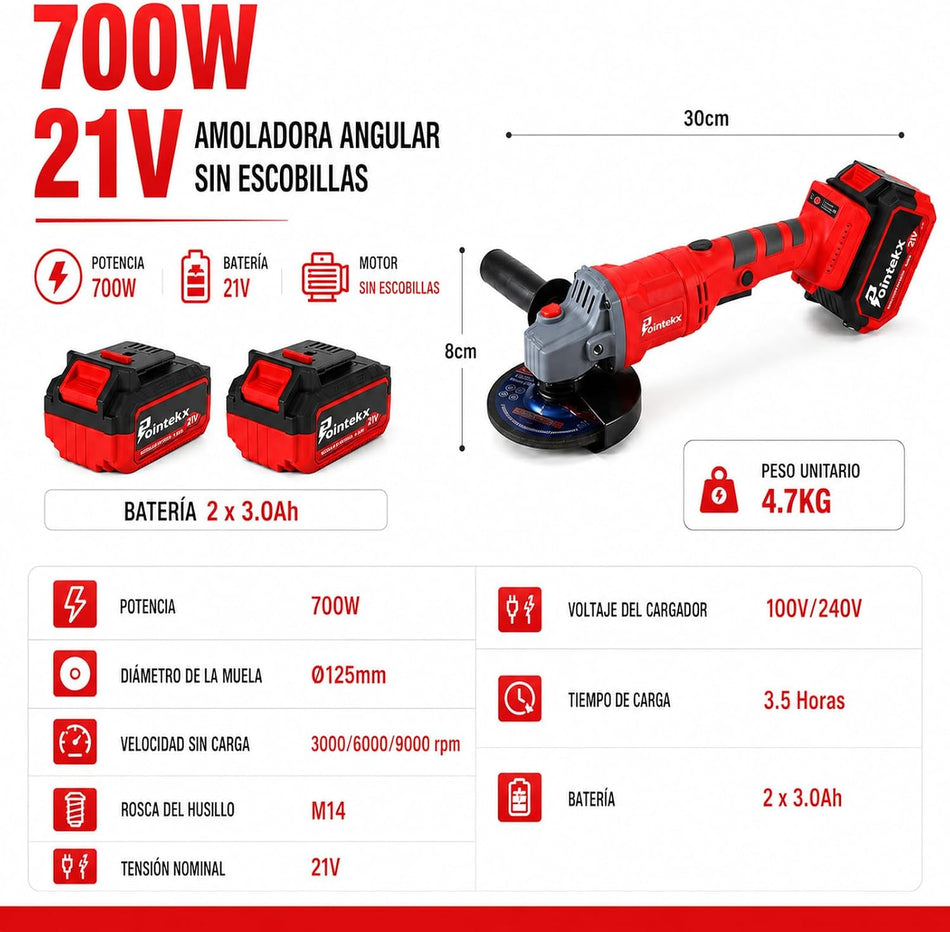 Esmeriladora Angular Inalámbrica Pointekx 4-1/2" 21V Brushless 3B5469