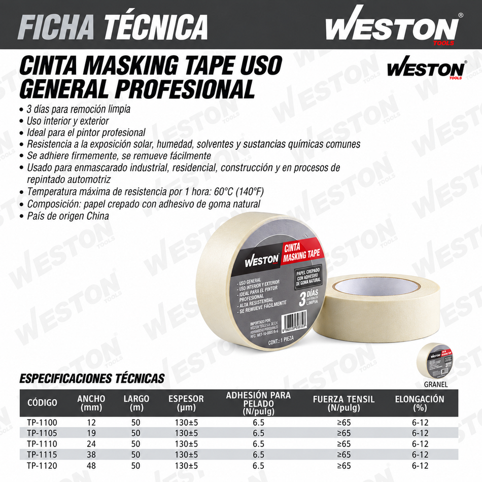 Cinta Masking Tape 2 Pulgadas 48mmx50m Weston TP-1120