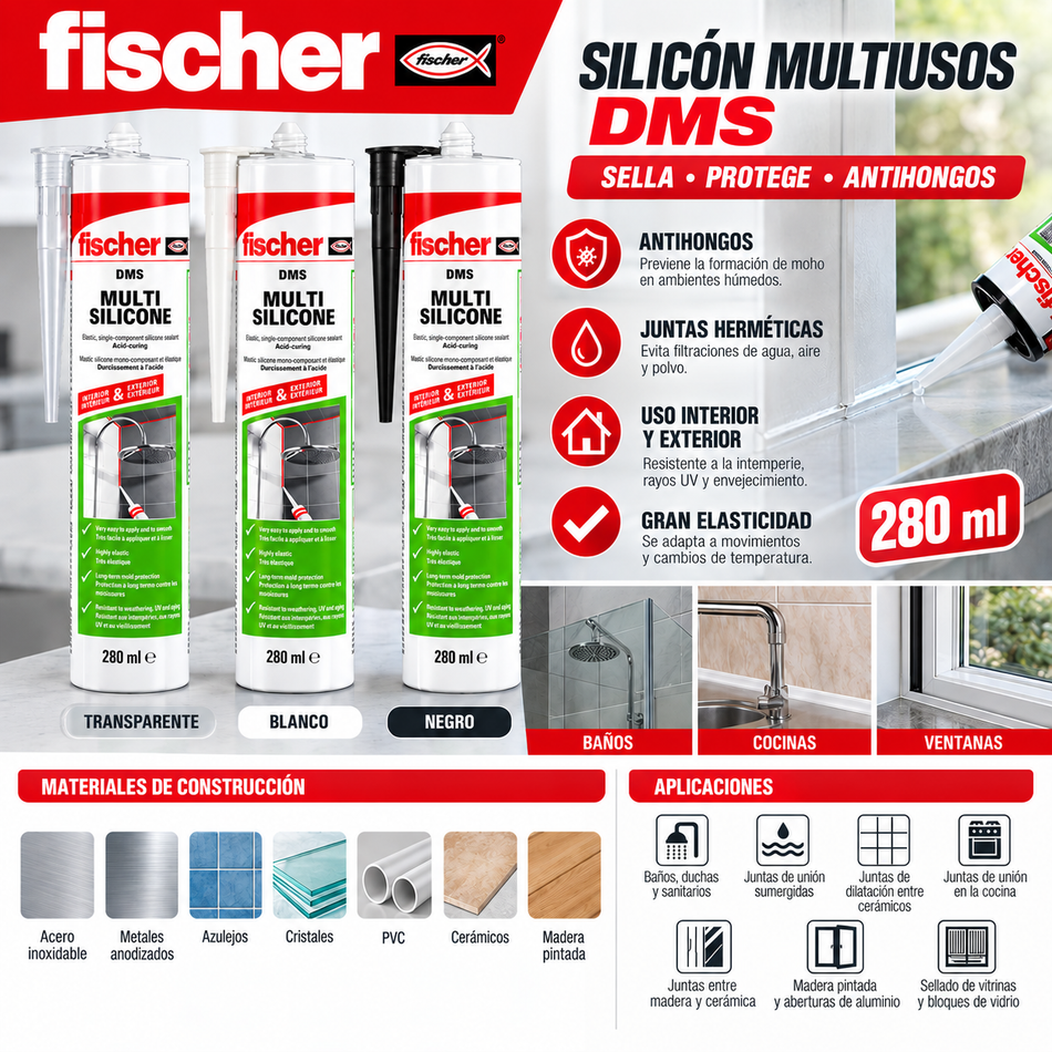 Silicón Blanco Antihongos Multiusos 280ml Fischer DMS 618608