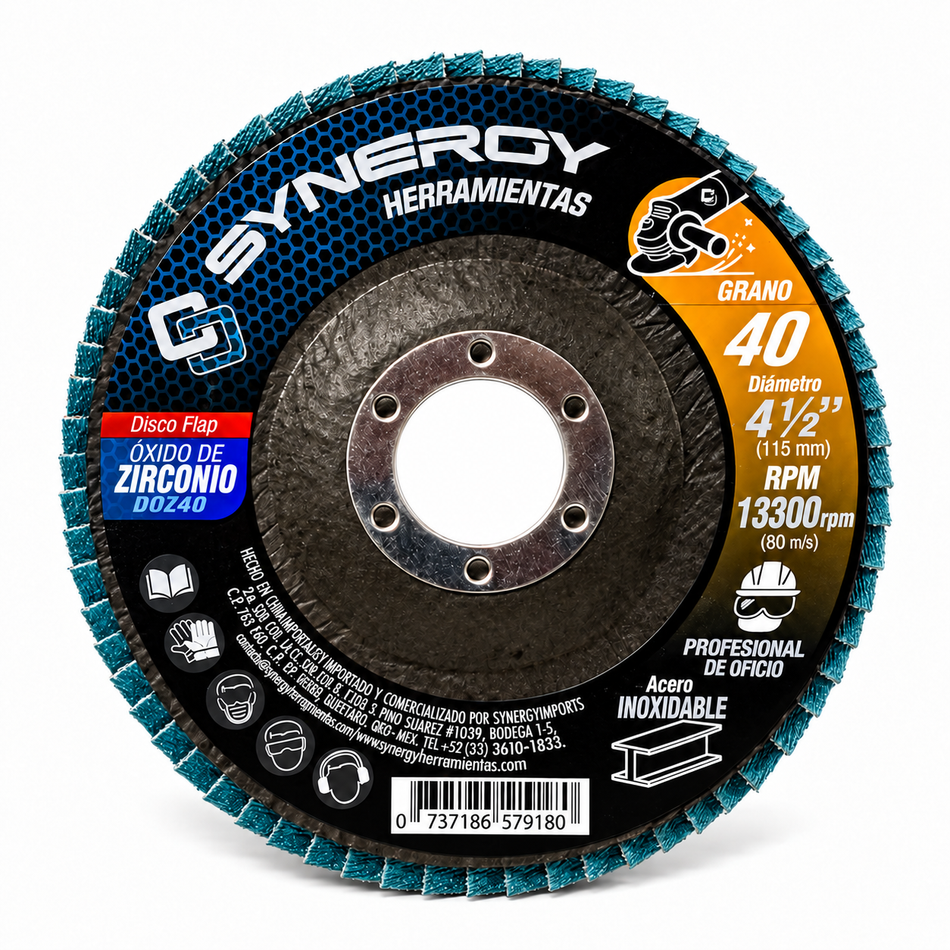 Disco Laminado Lija Flap Grano 40 4-1/2" Zirconio Synergy DOZ40