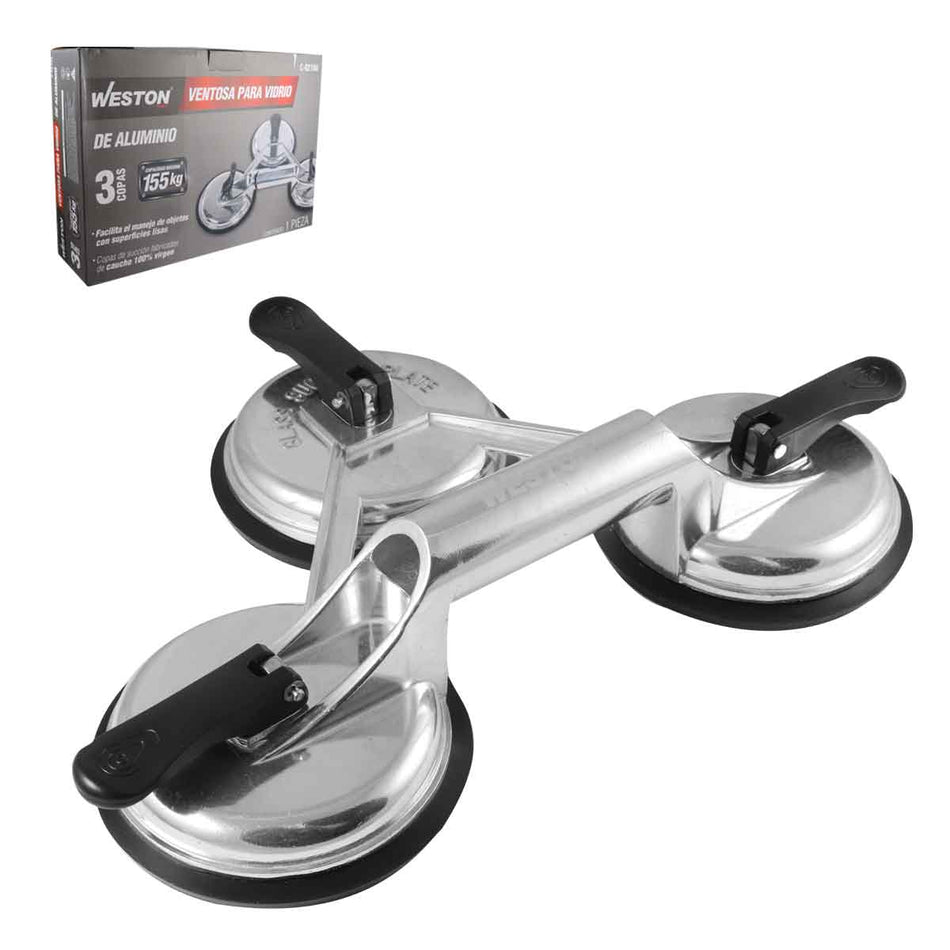 Ventosa para vidrio de aluminio 3 Copas Cap.155Kg Weston C-02166