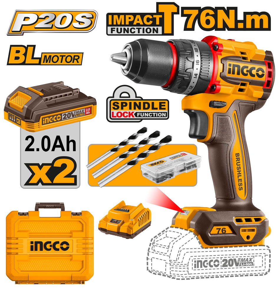 Taladro Rotomartillo Inalambrico 1/2" 20v Brushless 76Nm Ingco UCIDLI20768