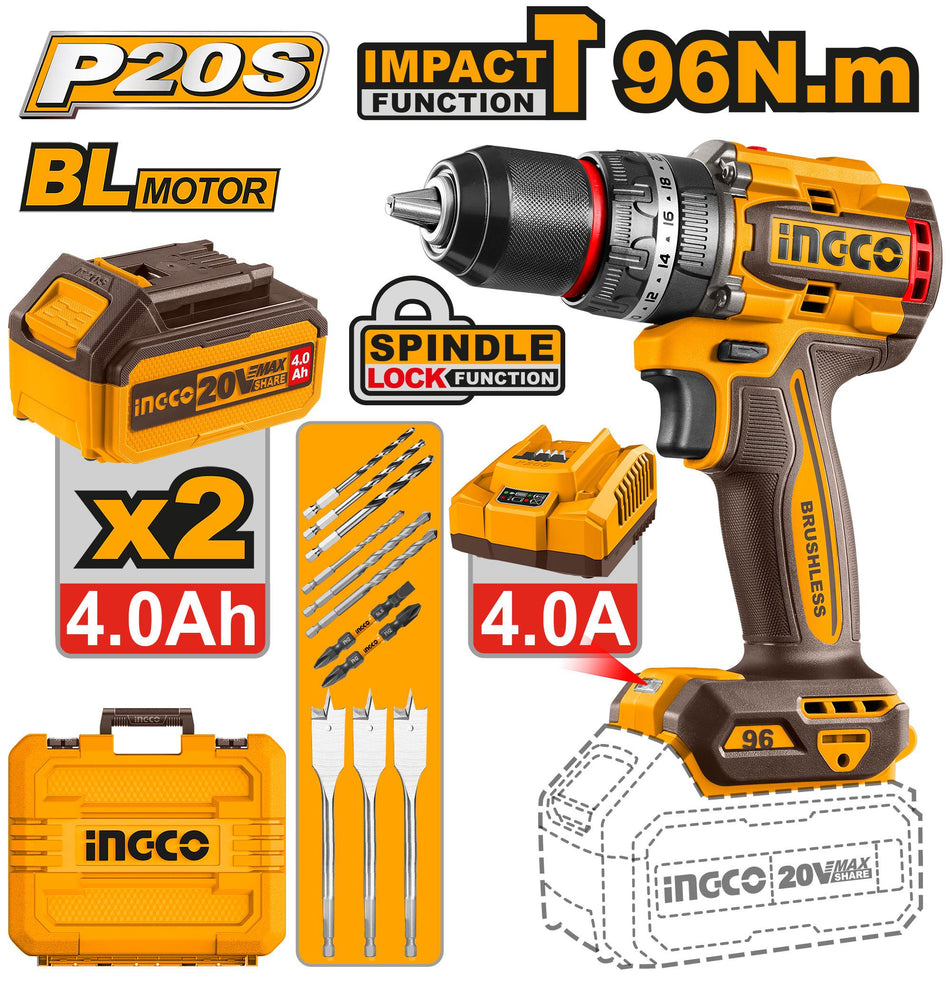 Taladro Rotomartillo Inalambrico 1/2" 20v Brushless 96Nm Ingco UCIDLI20968