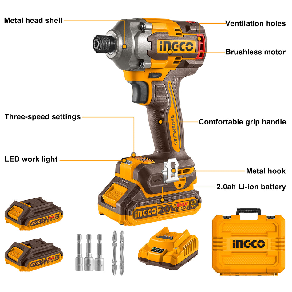Atornillador De Impacto Inalambrico 1/4" 230Nm Hex 20V Brushless Ingco UCIRLI2028