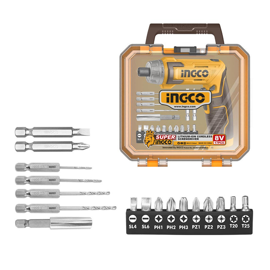 Atornillador Inalámbrico 1/4" 8V 17Acc Ingco CSDLI08025