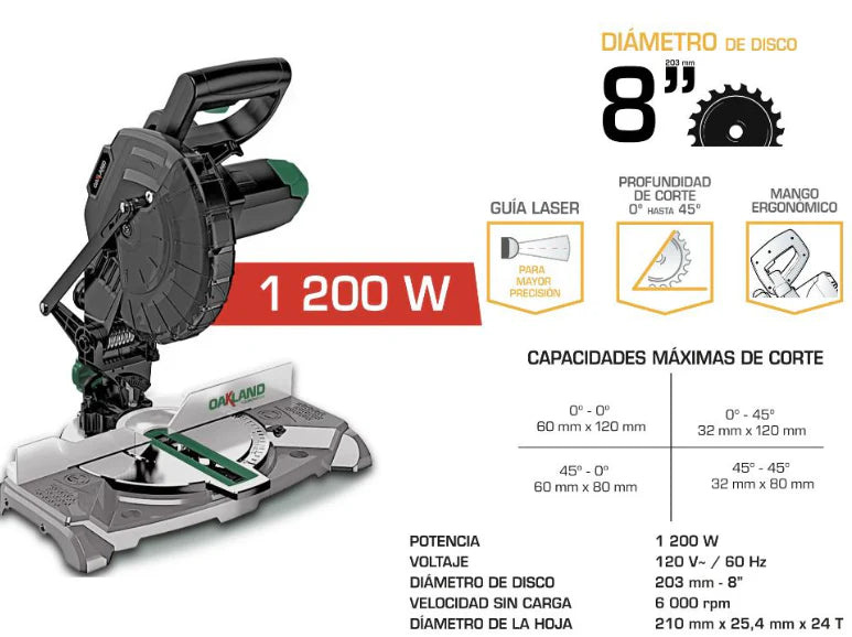 Sierra Ingleteadora Inglete 8 Pulgadas 1200W Oakland SA-1208