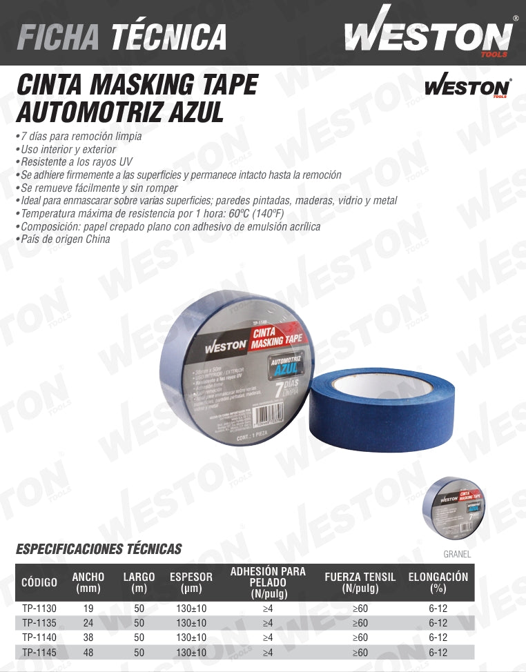CINTA MASKING TAPE AZUL LARGA DURACION 2" 48MM x 50M WESTON TP-1145