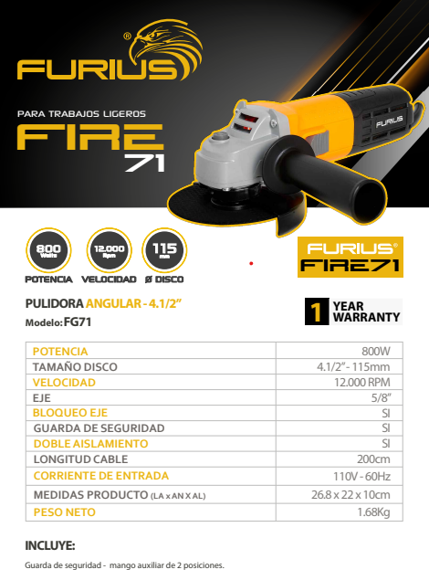 Mini Esmeriladora 800W 4-1/2 Pulg Profesional Furius FG71