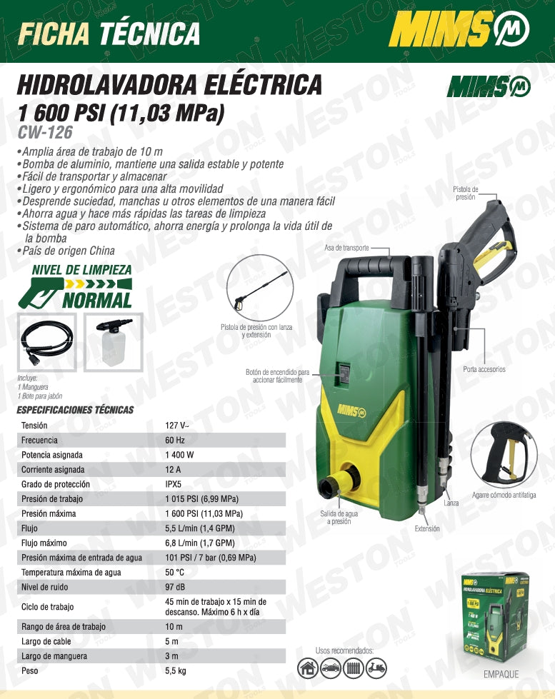 Hidrolavadora Eléctrica 1.8Hp 1400W 1600Psi 110V Mims CW-126