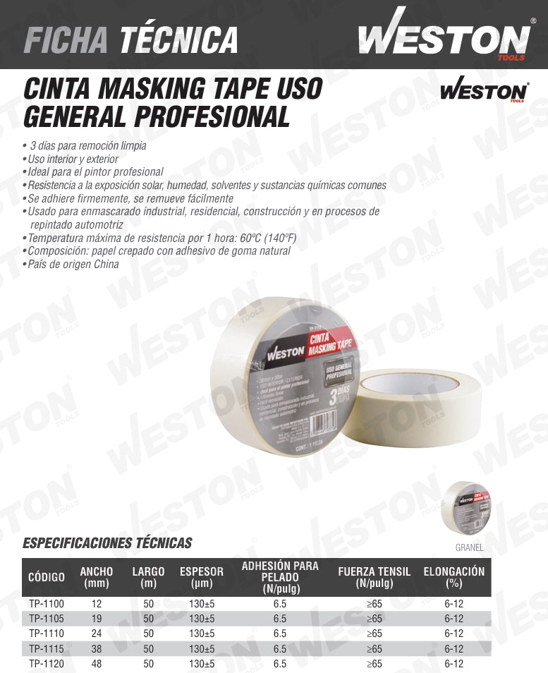 CINTA MASKING TAPE USO GENERAL PROFESIONAL 2" 48MM x 50M WESTON TP-1120