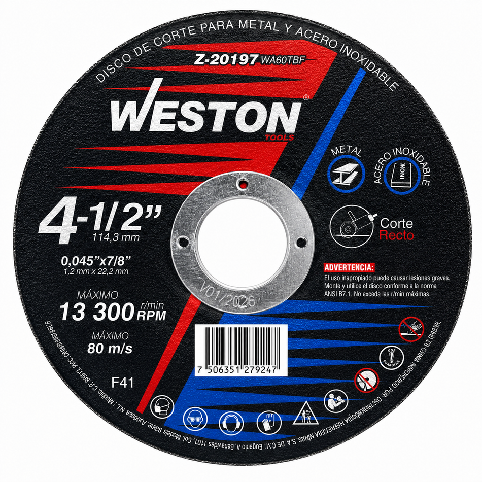 Disco De Corte Para Metal Y Acero Inoxidable 4-1/2" 1.2mm Weston Z-20197