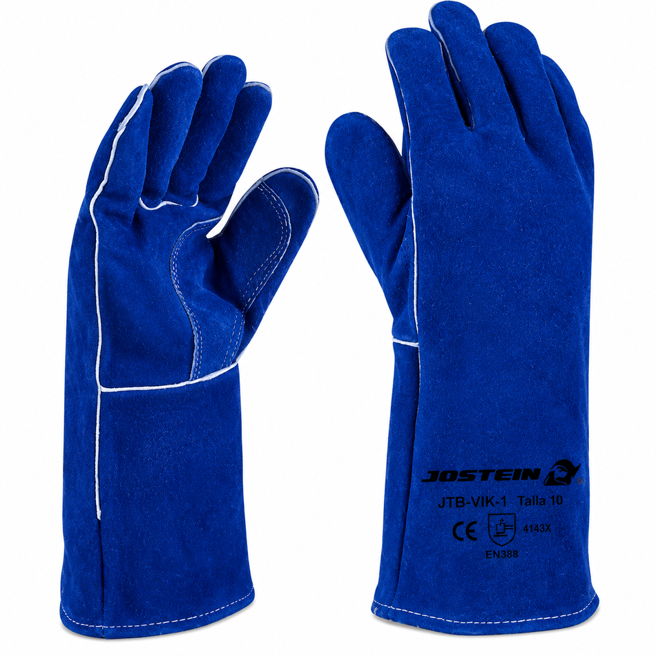 Guantes Para Soldador De Carnaza Largos 14" C/Forro Azul Jostein