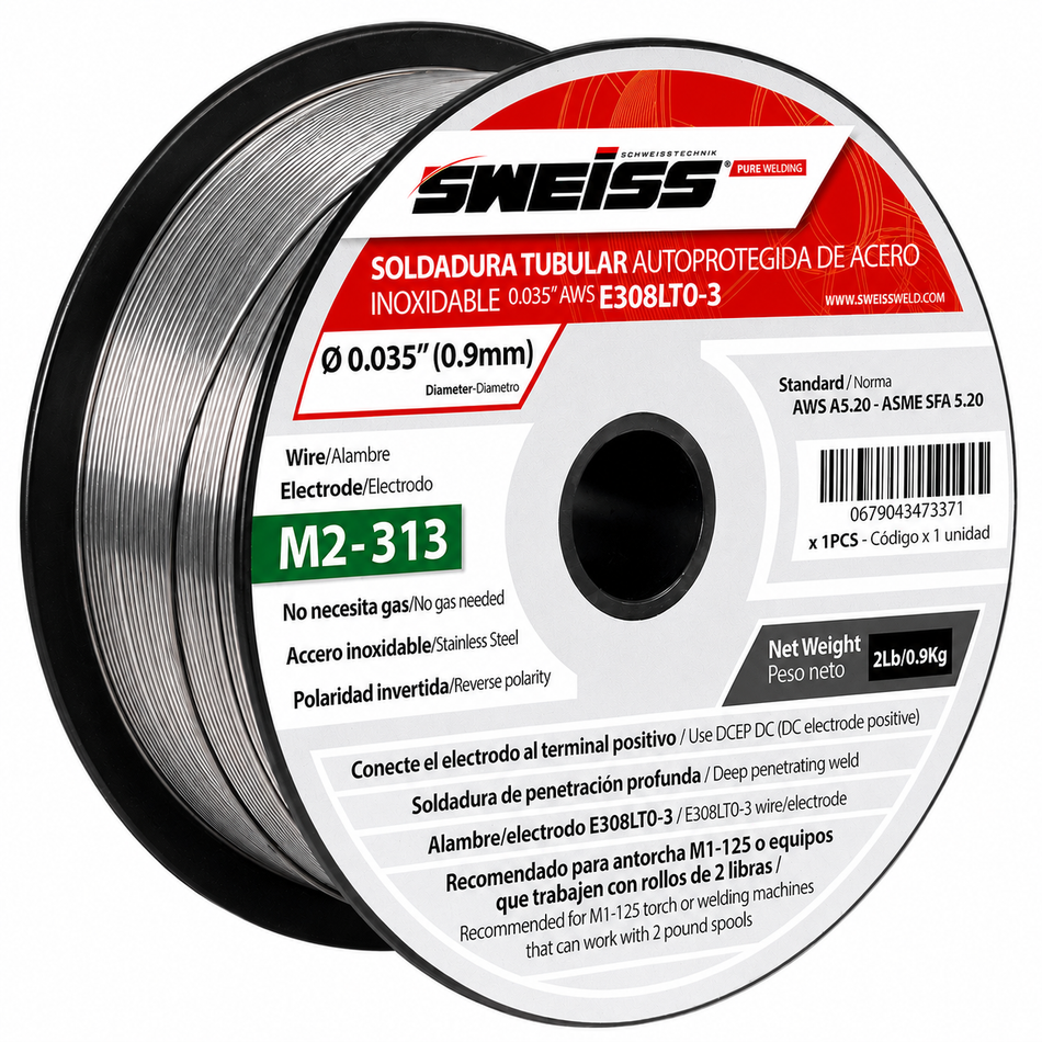 Soldadura De Micralambre Sin Gas Flux Core Acero Inoxidable 308L 1Kg 0.035" 0.9mm Sweiss M3-313
