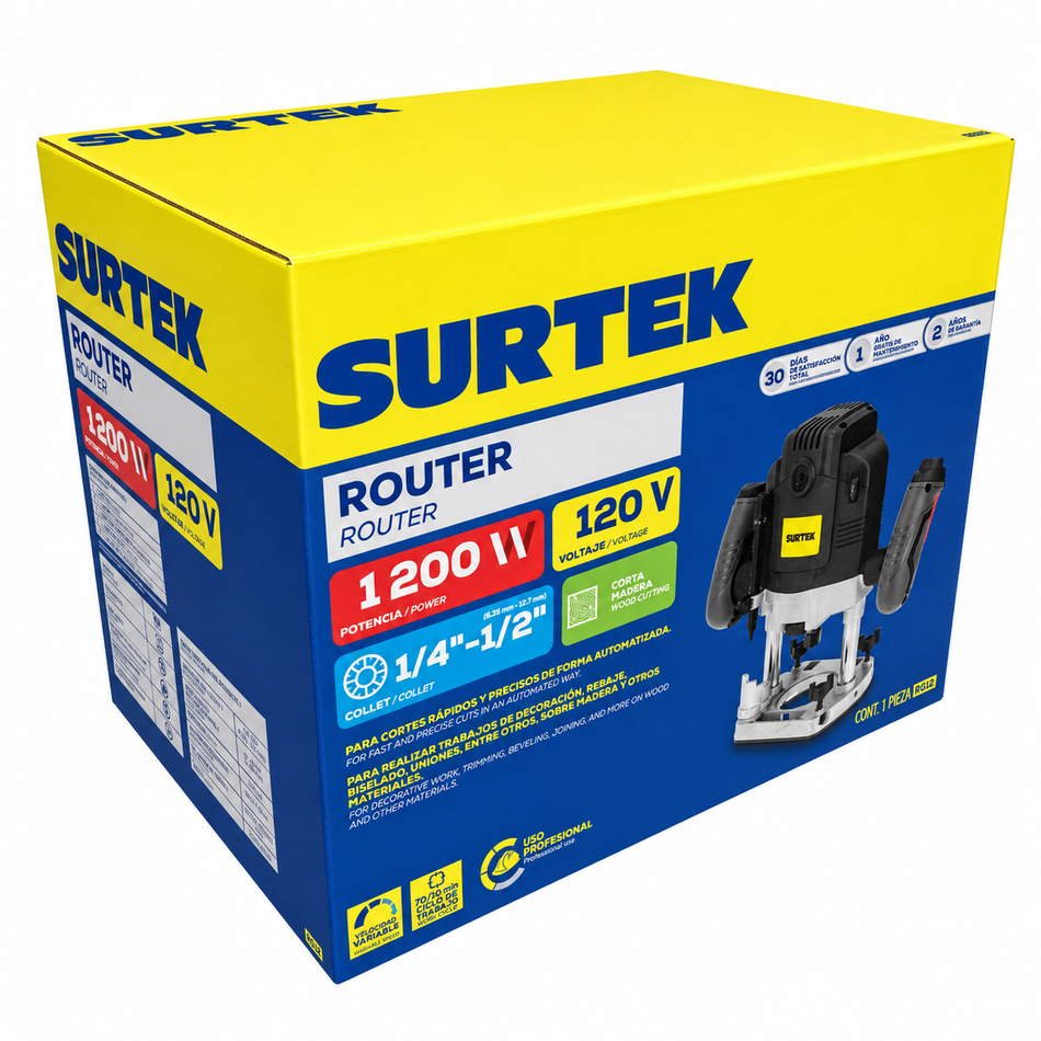 Router Para Madera Surtek R612 1200W 1/4"-5/16" 12000-30000 RPM