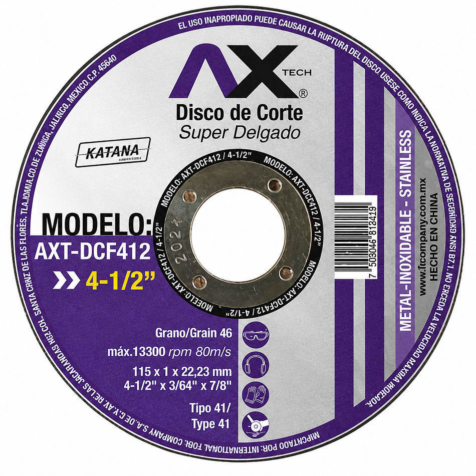 Axtech AXT-DCF412 Disco De Corte Para Metal Y Acero Inoxidable 4-1/2"