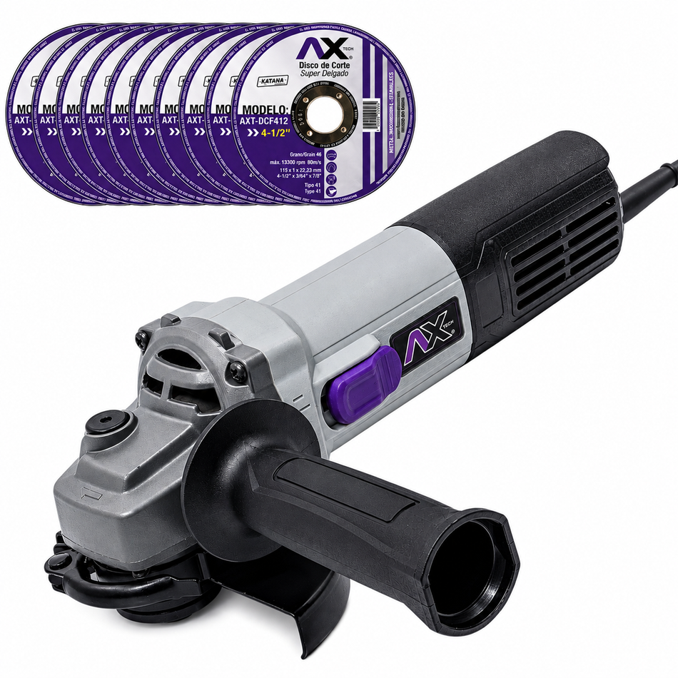 Axtech AXT-ES855 Mini Esmeriladora 850W 4-1/2" 11,000Rpm + 10 Discos De Corte
