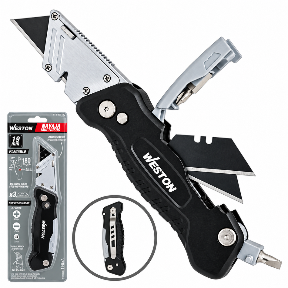 Navaja Multiusos Plegable 19mm Con Desarmador Weston ST-6-300-120