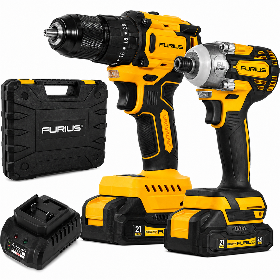 Furius FB214KIT Kit Rotomartillo Inalambrico 1/2"+ Atornillador De Impacto 1/4" 21V Brushless