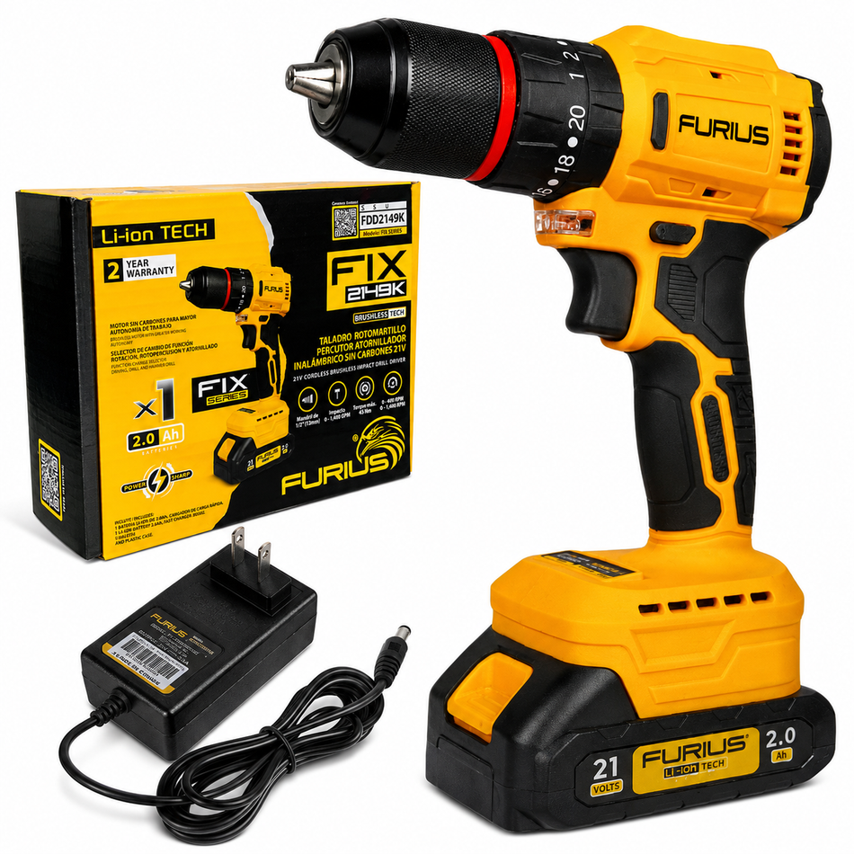 Taladro Rotomartillo Inalambrico Furius FBD2149K 1/2" 21V 45Nm Brushless