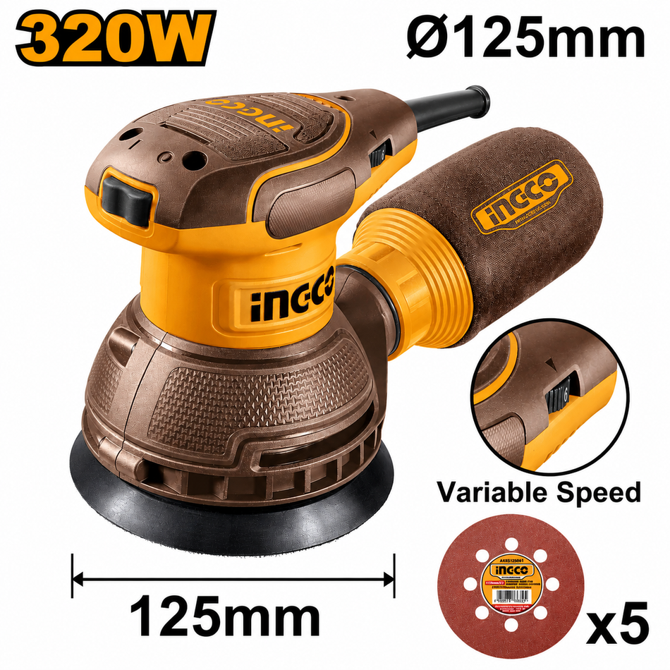 Lijadora Rotorbital Ingco URS3216 320W 5 Pulgadas Velocidad Variable