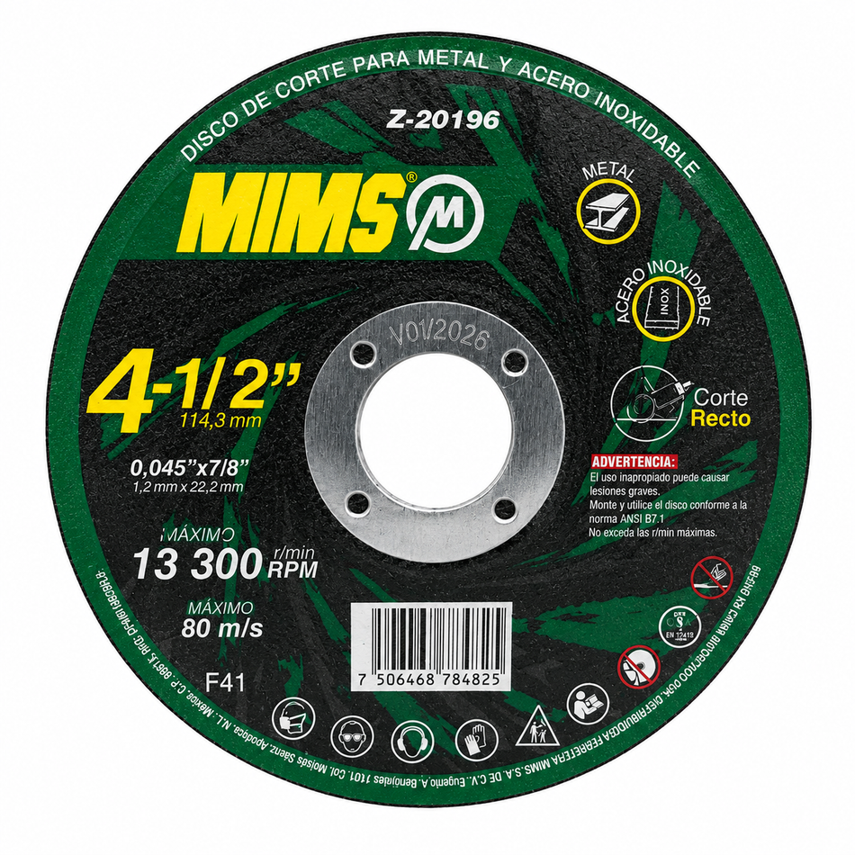 Disco De Corte Para Metal Y Acero Inoxidable 4-1/2" 1.2mm Mims Z-20196