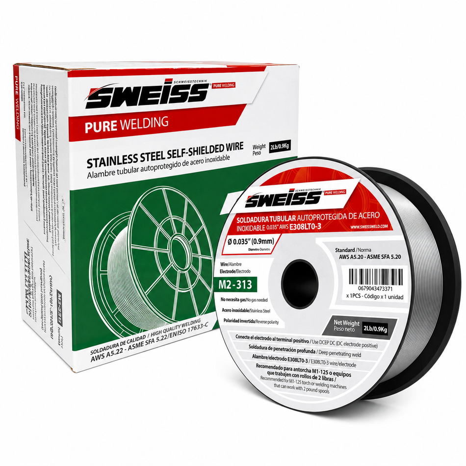 Soldadura De Micralambre Sin Gas Flux Core Acero Inoxidable 308L 1Kg 0.035" 0.9mm Sweiss M3-313