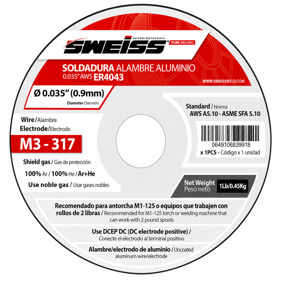 Soldadura De Micralambre Aluminio ER4043 1LB 0.035" 0.9mm Sweiss M3-317