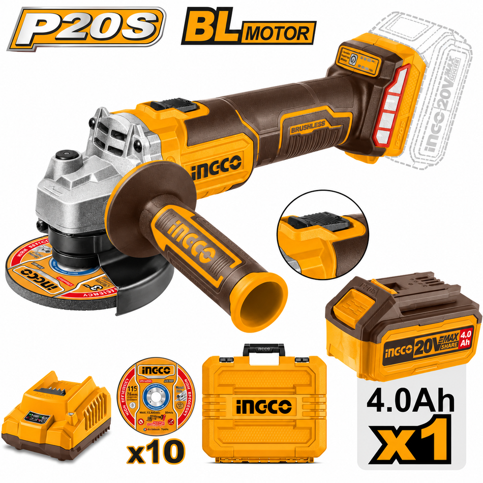 Esmeriladora Inalambrica Ingco UCAGLI2011587 4-1/2" 20V Brushless