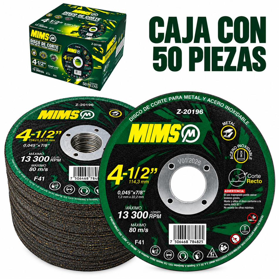 Disco De Corte Para Metal Y Acero Inoxidable 4-1/2" Caja 50PZ Mims
