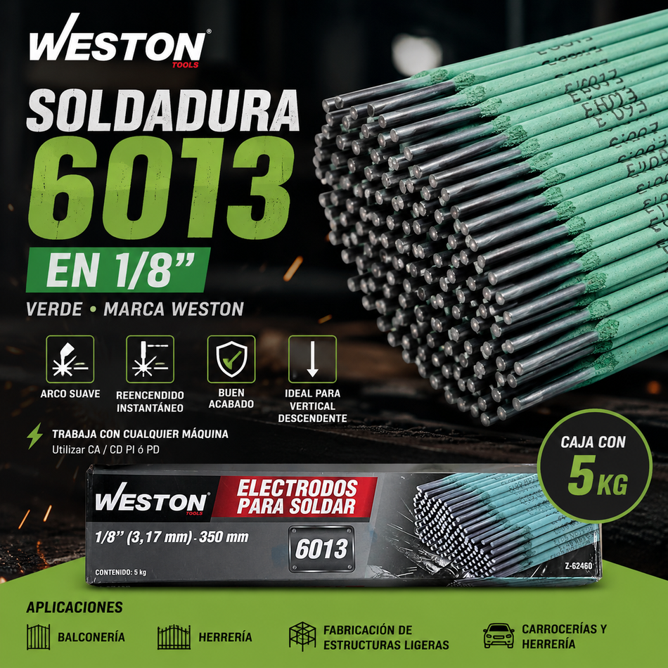 Soldadura 6013 1/8" Electrodo Verde 5Kg Weston Z-62460