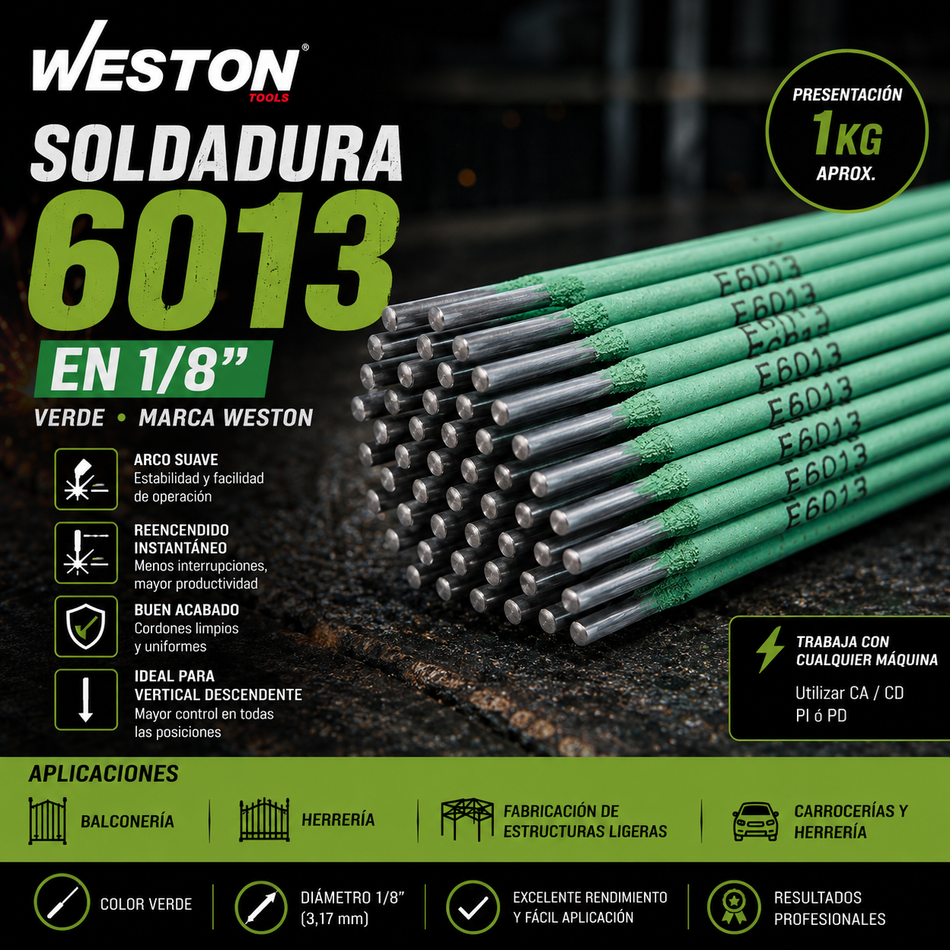 Soldadura 6013 1/8" Electrodo Verde 1Kg Weston Z-62460
