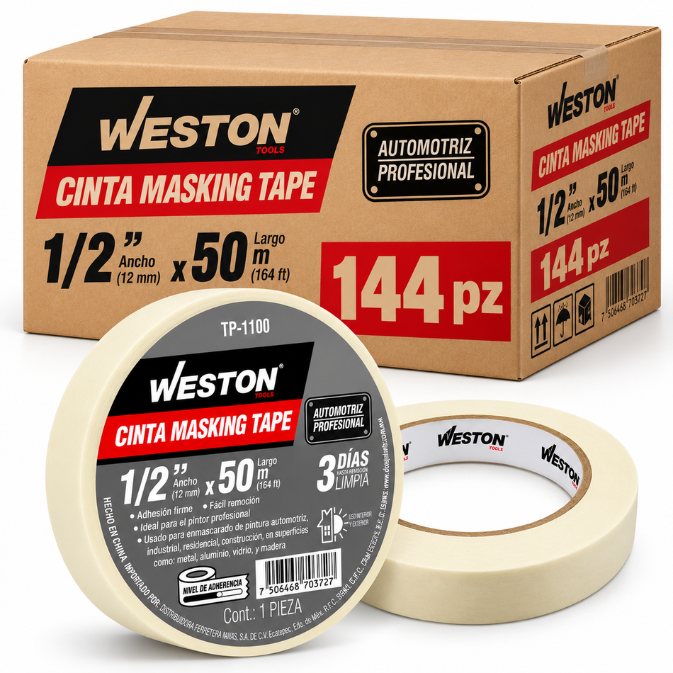 Cinta Masking Tape 1/2" 12mm x 50m Weston TP-1100 Caja 144pz