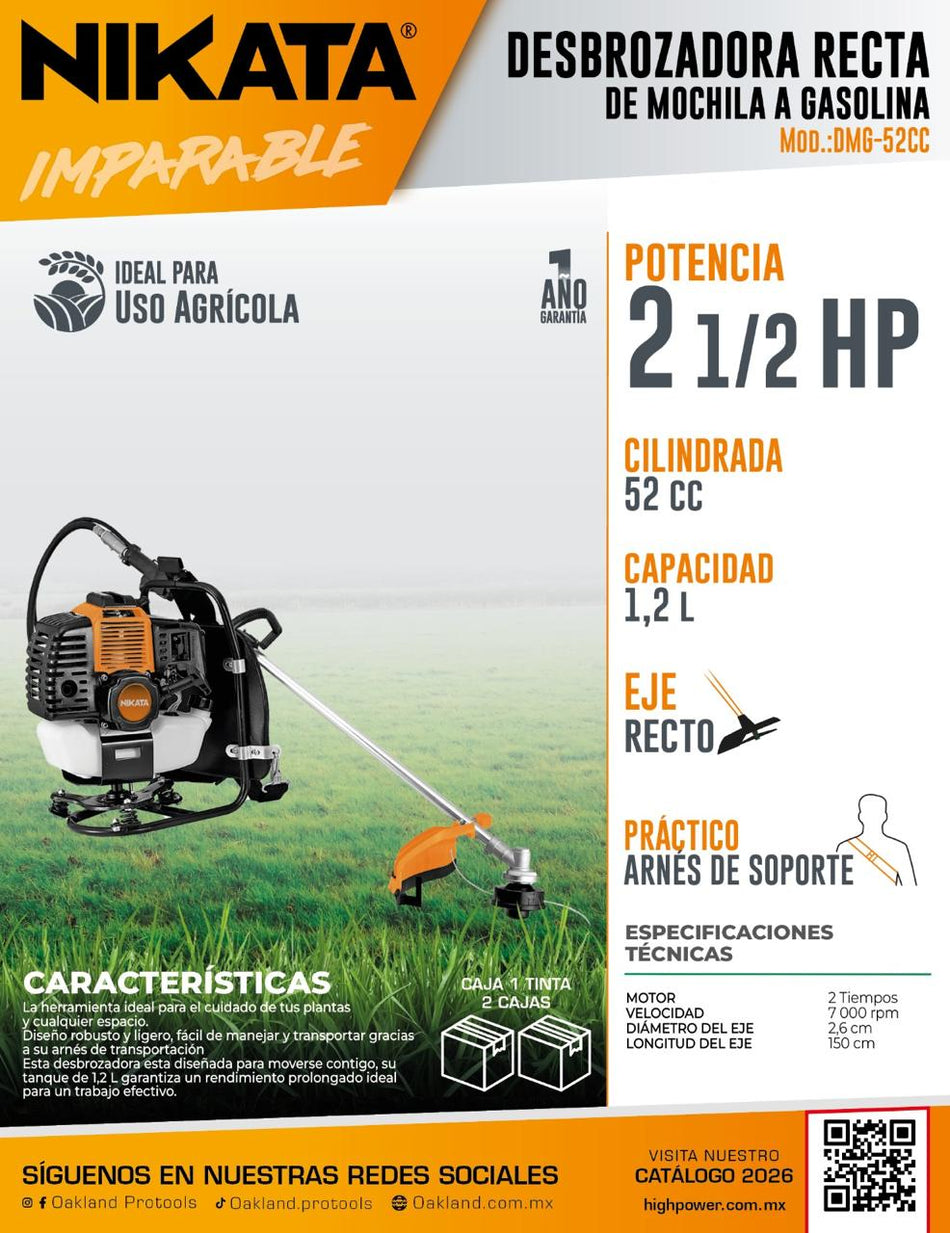 Desbrozadora A Gasolina Recta 52cc 2 Tiempos 2HP Nikata DG-52CC