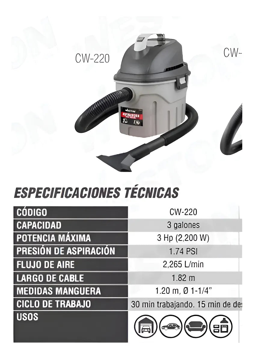 ASPIRADORA MOJADO SECO 3 GAL 11 LITROS 3HP 2,200W CW-220