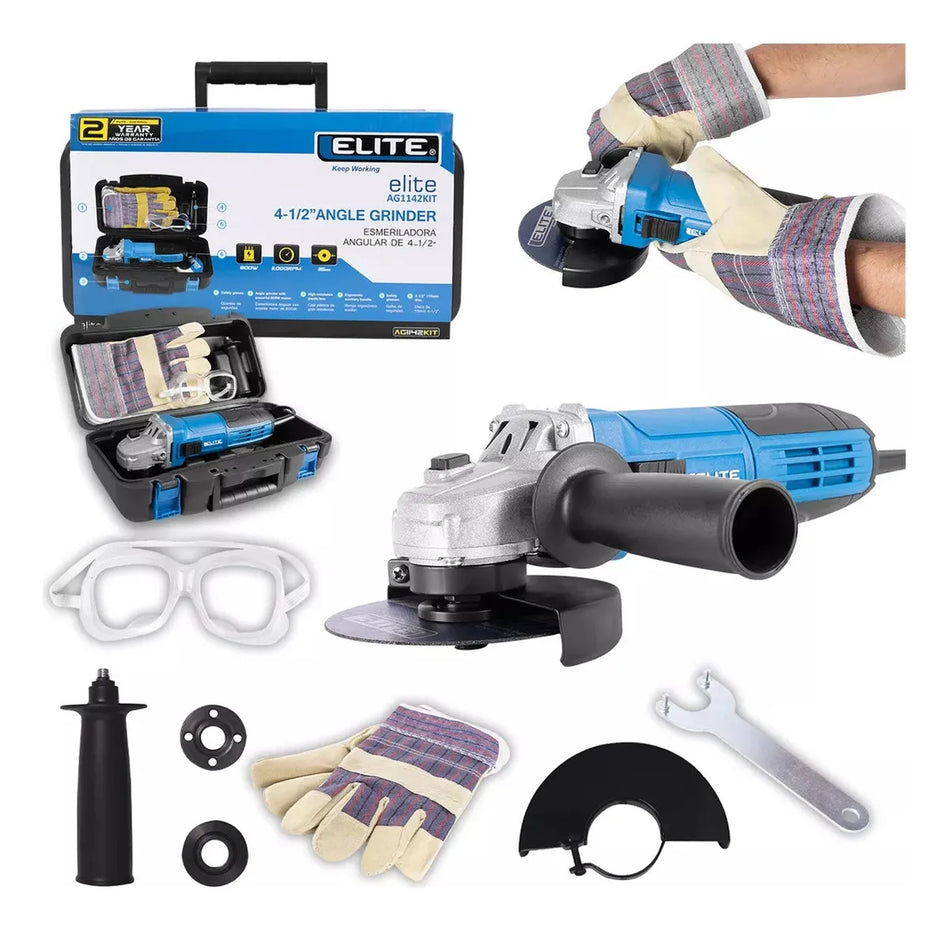 Mini Esmeriladora Angular 4-1/2" 800W Profesional + Accesorios Elite AG1142KIT