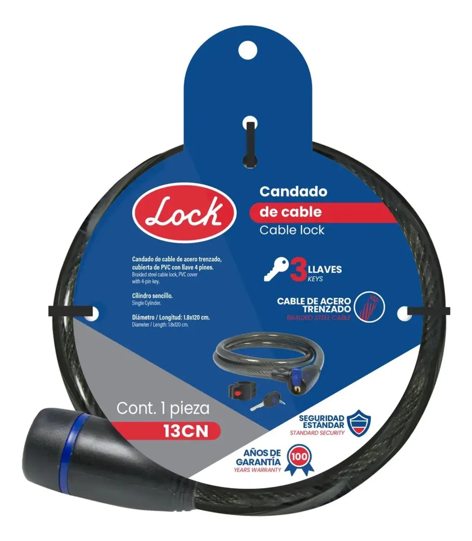 Candado De Cable Con Llave Para Bicicleta o Moto 1.8X120cm Lock 13CN
