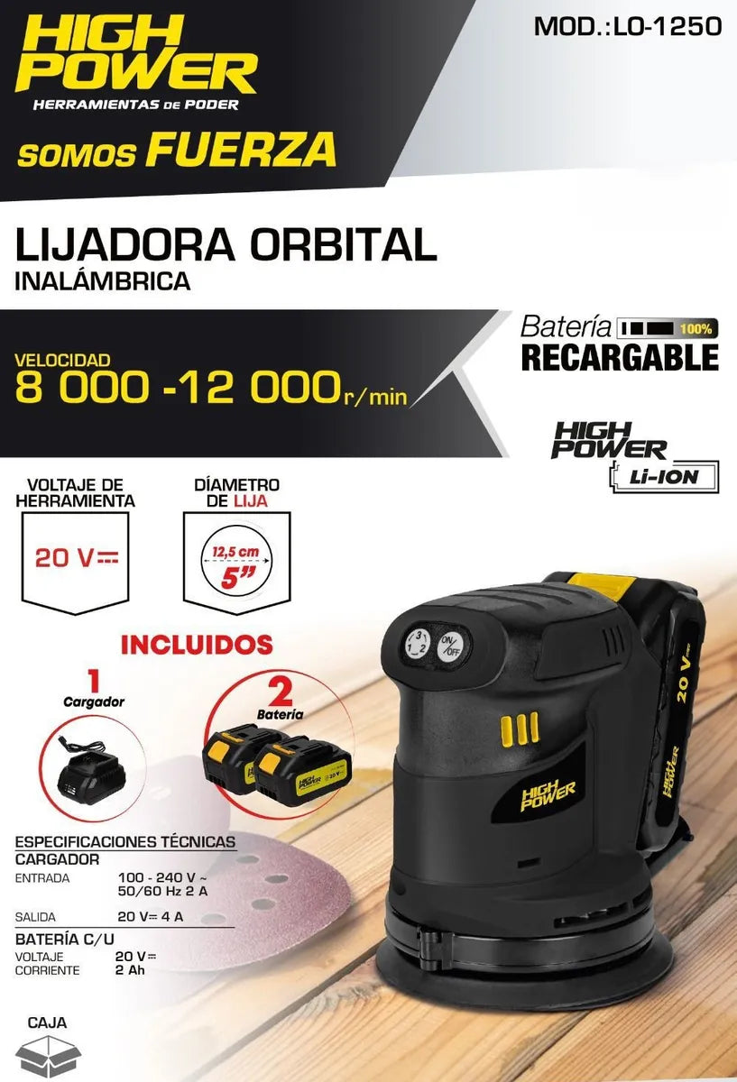 Lijadora Orbital Inalámbrica 5" 20V Velocidad Variable + 2 BATERIAS HIGH POWER LO-1250