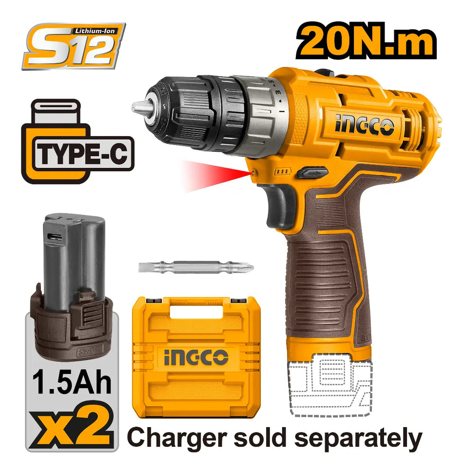 Taladro Atornillador Inalambrico Ingco CDLI12202 3/8" 12V