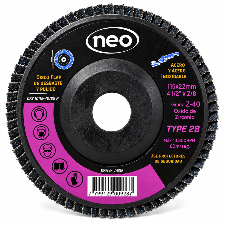 Disco Laminado Lija Flap Grano 40 4-1/2" Zirconio Neo DFZ1011540/29