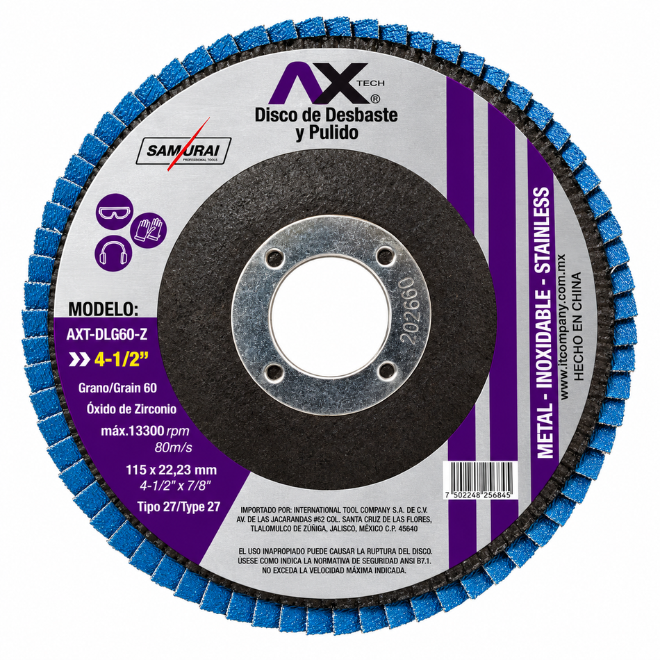 Disco Laminado Lija Flap Grano 60 4-1/2" Zirconio Axtech AXT-DLG60Z
